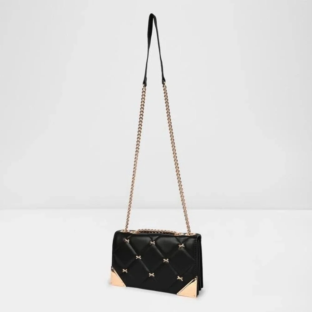 ALDO Quilted Crossbody Bag Black Gold Chain‎ Strap Shoulder Purse One Size